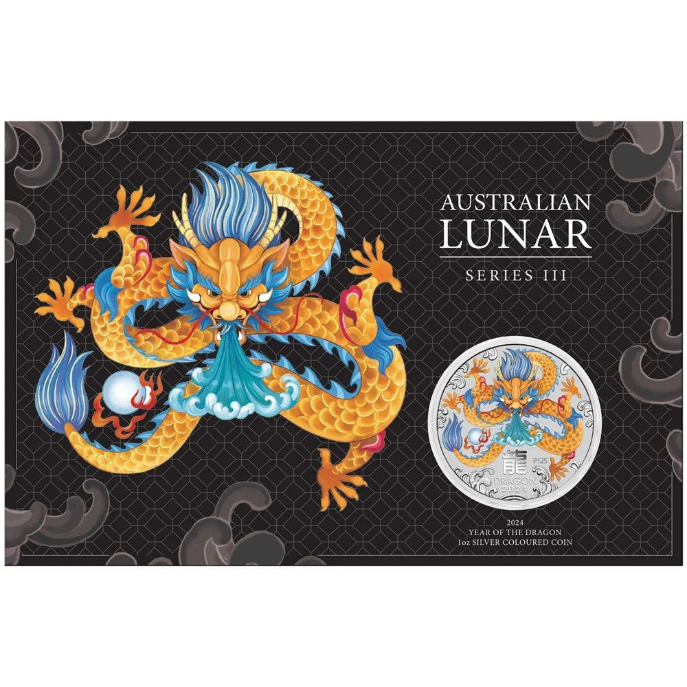 Perth Mint Australian Lunar III Dragon 2024 1 oz Silver  Bullion Coloured Coin in Card