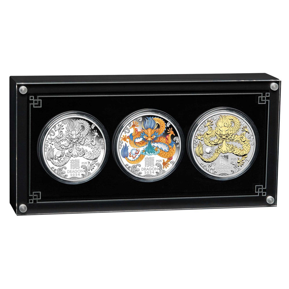Perth Mint Australian Lunar Series III 2024 Year of the Dragon 1oz Silver Trio