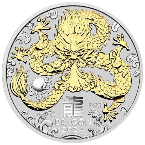 Perth Mint Lunar Series III Dragon 2024 1oz Silver Gilded Coin in Capsule