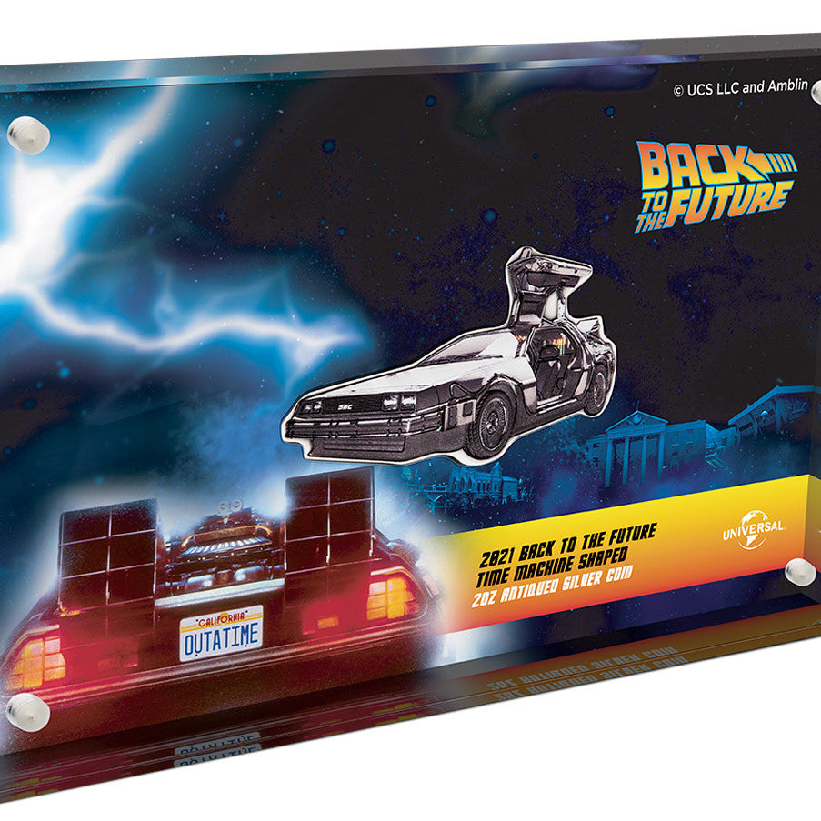 2021 Back to the Future DeLorean Time Machine Shaped 2oz Antiqued Silver Coin