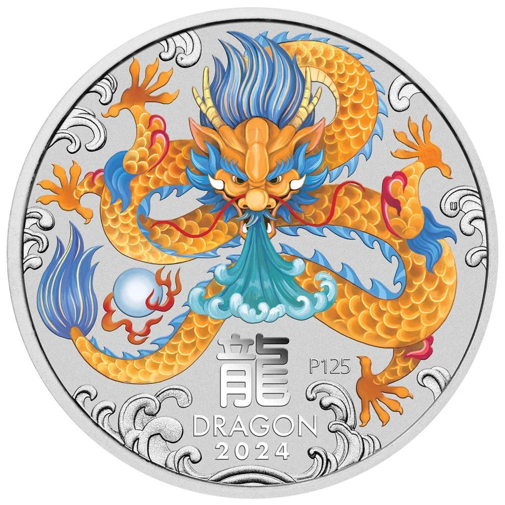Perth Mint Australian Lunar III Dragon 2024 1 oz Silver  Bullion Coloured Coin in Card