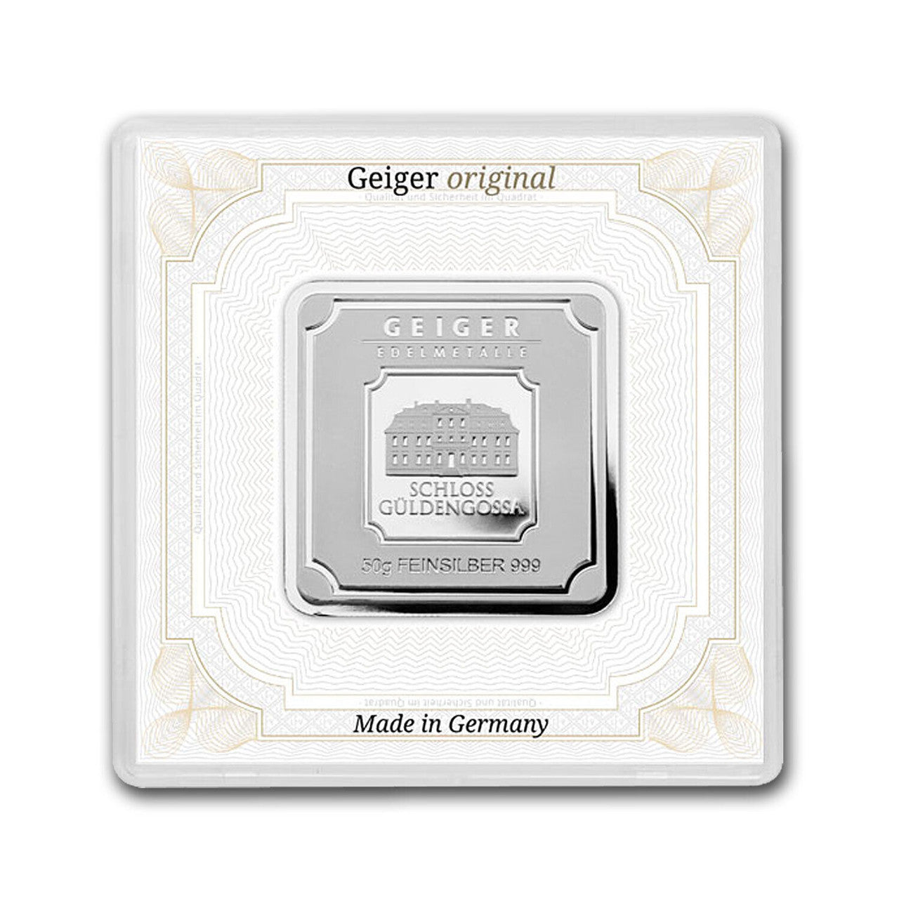 Geiger Original Schloss Guldengossa 50 gm Silver Square Minted Bar in Capsule