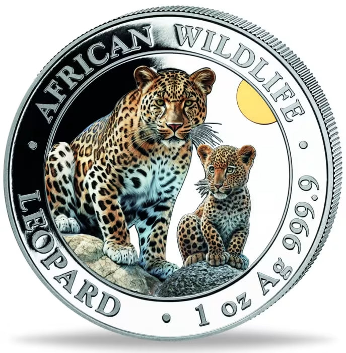 2024 1 oz Somalia African Wildlife Leopard Silver Coloured Coin