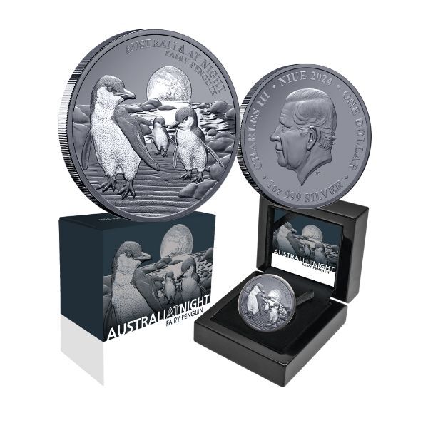 Australia at Night Fairy Penguin 2024 $1 1oz Silver Black Proof Coin