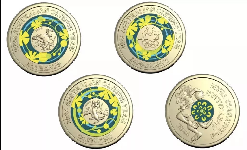 Royal Australian Mint 2024 Set of 4 Australian Olympic and Paralympic Teams $2 Coloured UNC Coins