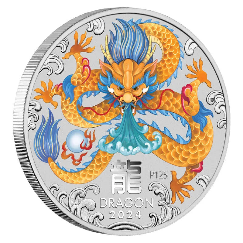 Perth Mint Lunar Series III Year of the Dragon 2024 5 oz Silver Coloured Bullion Coin
