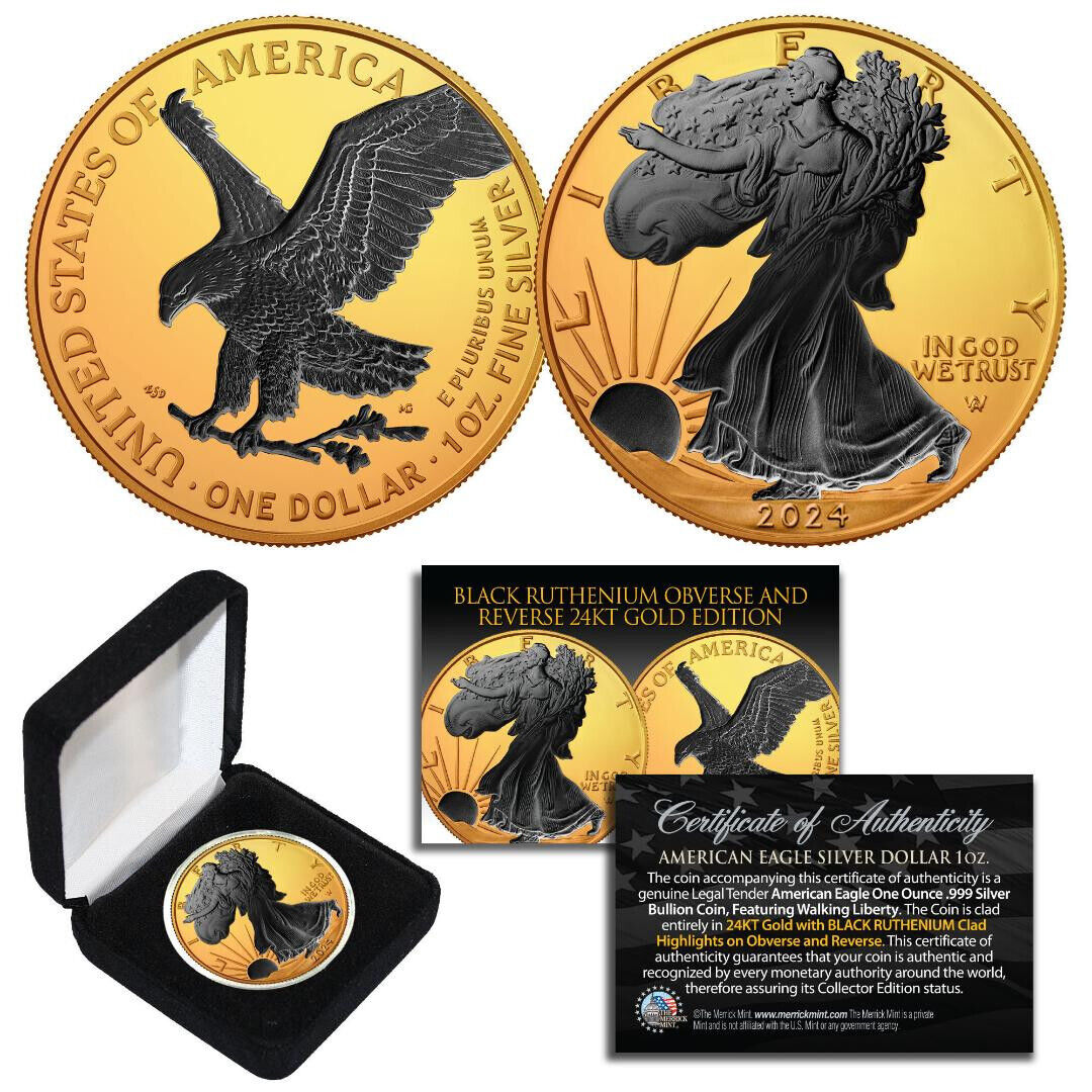 American Eagle 2024 1 oz Silver 24K Gold Gilded Coin with Black Ruthen ...