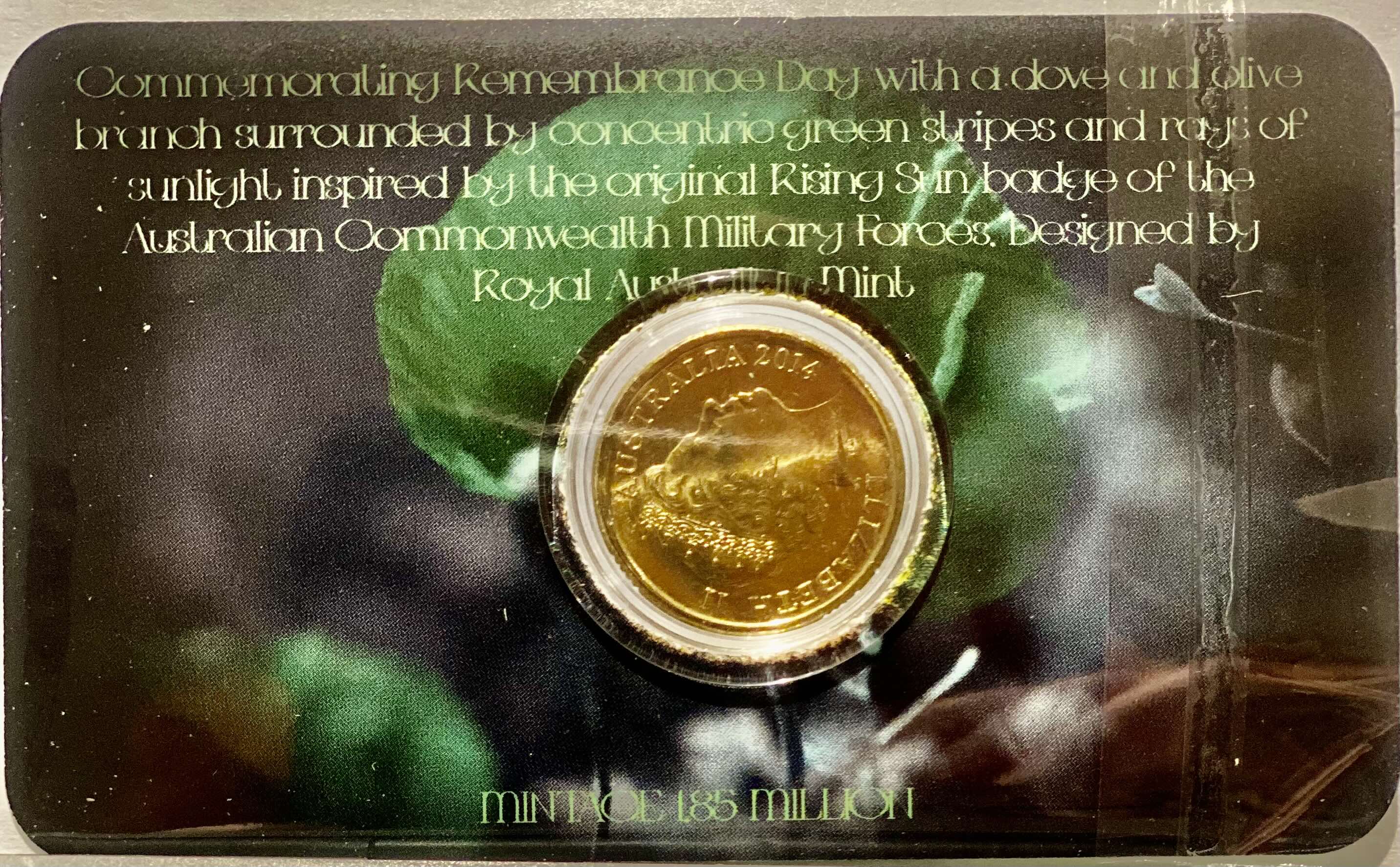 2014 Remembrance Day Green Dove Coloured UNC Coin in Card