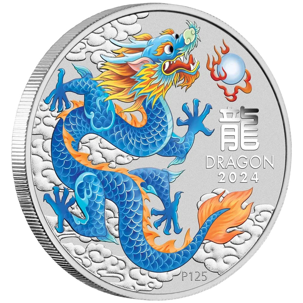 Perth Mint Perth Stamp and Coin Show Special Australian Lunar Series III 2024 Year of the Dragon 1oz Silver Blue Coloured Coin in Card