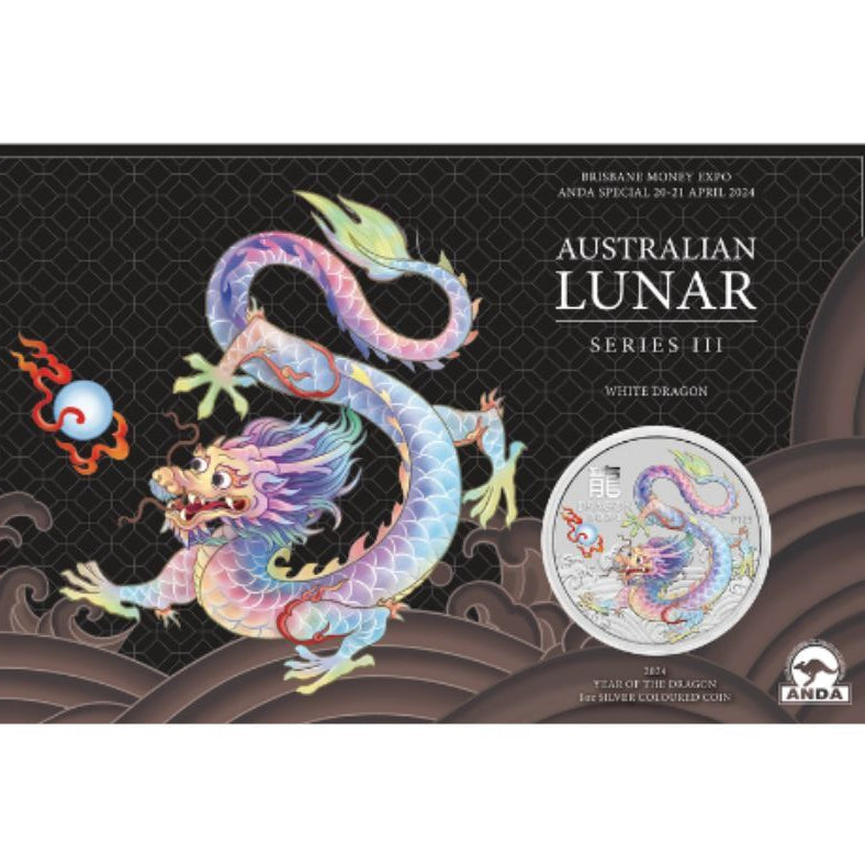 Perth Mint Lunar Series III Year of the Dragon, White Dragon 2024 1 oz Silver Coloured Coin- Brisbane Money Expo ANDA Special in Card