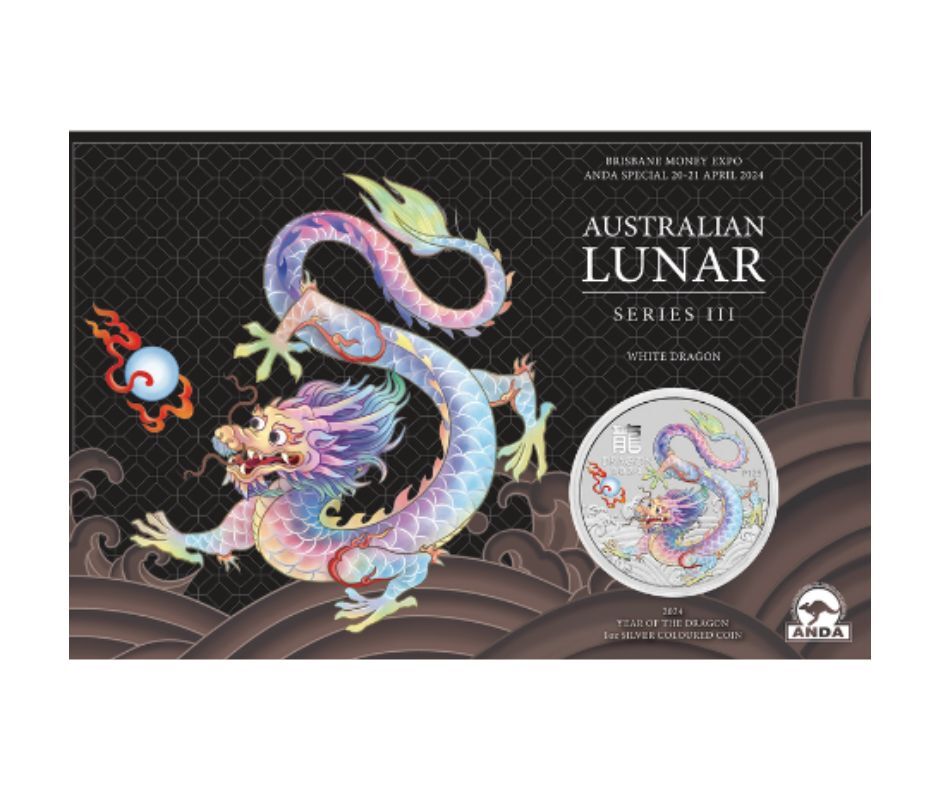 Perth Mint Lunar Series III Year of the Dragon, White Dragon 2024 1 oz Silver Coloured Coin- Brisbane Money Expo ANDA Special in Card