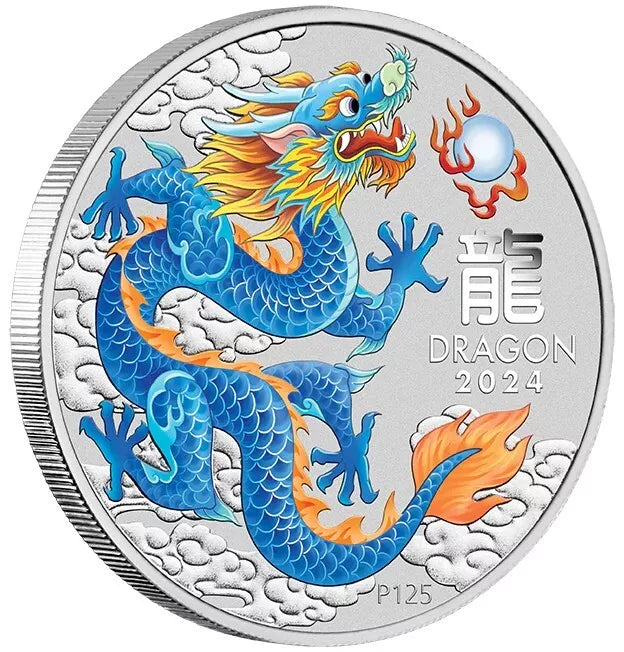 Perth Mint Lunar Series III Year of the Dragon 2024 Blue Dragon 1oz Silver Coloured Bullion Coin