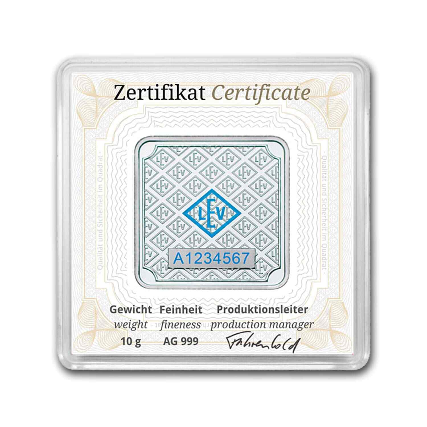 Geiger Original Schloss Guldengossa 10 gm Silver Square Minted Bar in Capsule