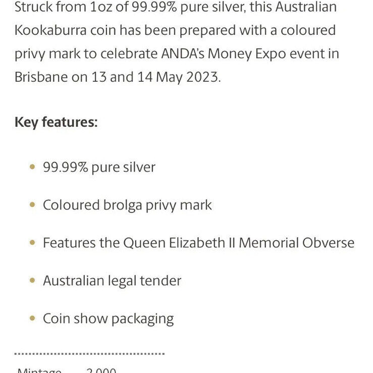 ANDA Brisbane Money Expo Kookaburra 2023 1oz Silver Coin Brolga Privy