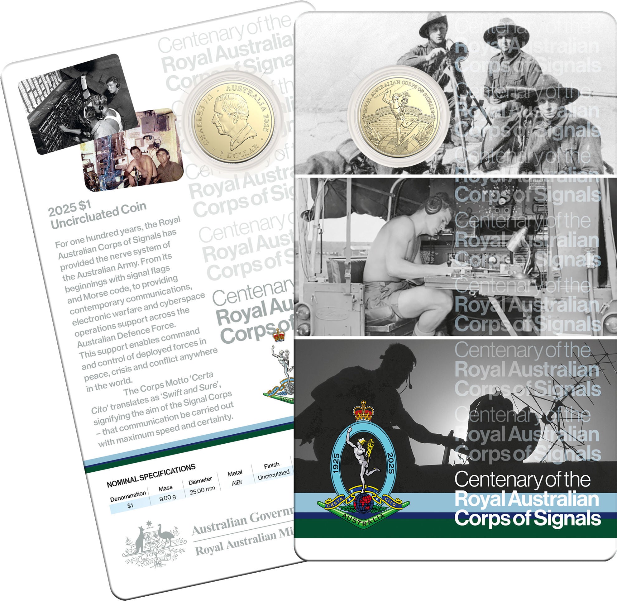 Royal Australian Mint 2025 $1 Centenary of the Ryal Australian Corps of Signals Coin in Card