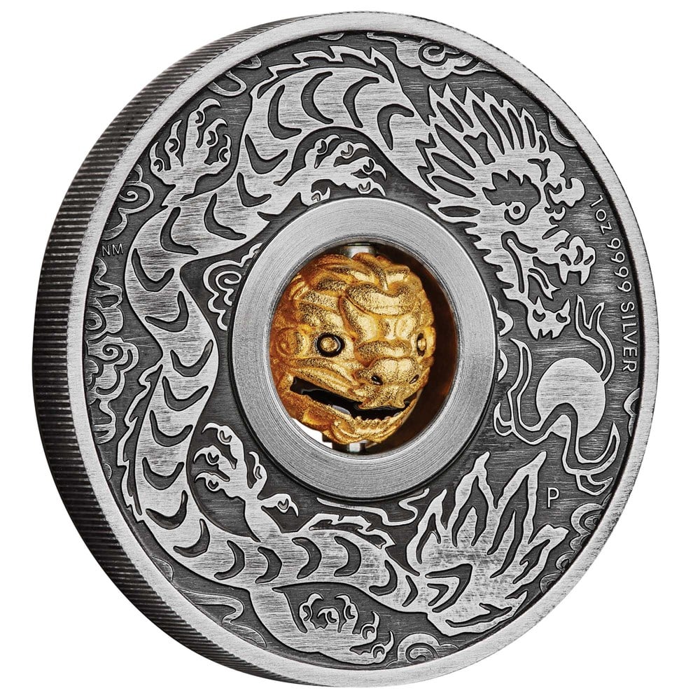Perth Mint Year of the Dragon Rotating Charm 2024 1 oz Silver Antiqued Coin