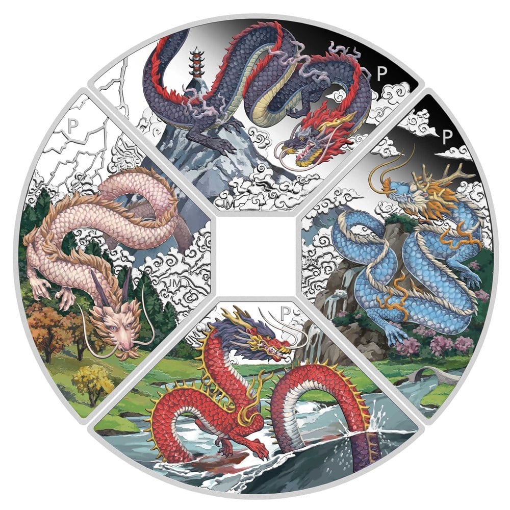 Perth Mint 2024 Chinese Lunar Dragon Quadrant 1 oz 99.99% Silver Proof Coloured 4 Coin Set