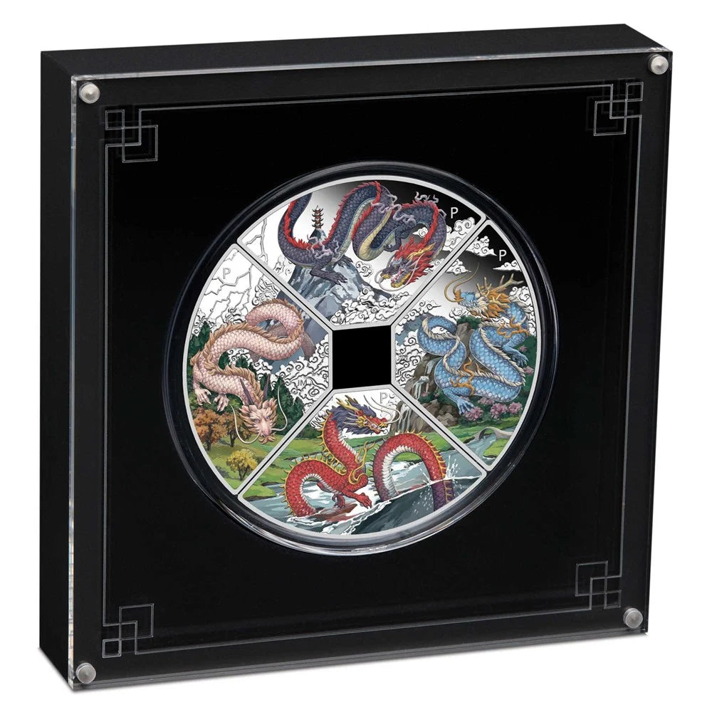 Perth Mint 2024 Chinese Lunar Dragon Quadrant 1 oz 99.99% Silver Proof Coloured 4 Coin Set