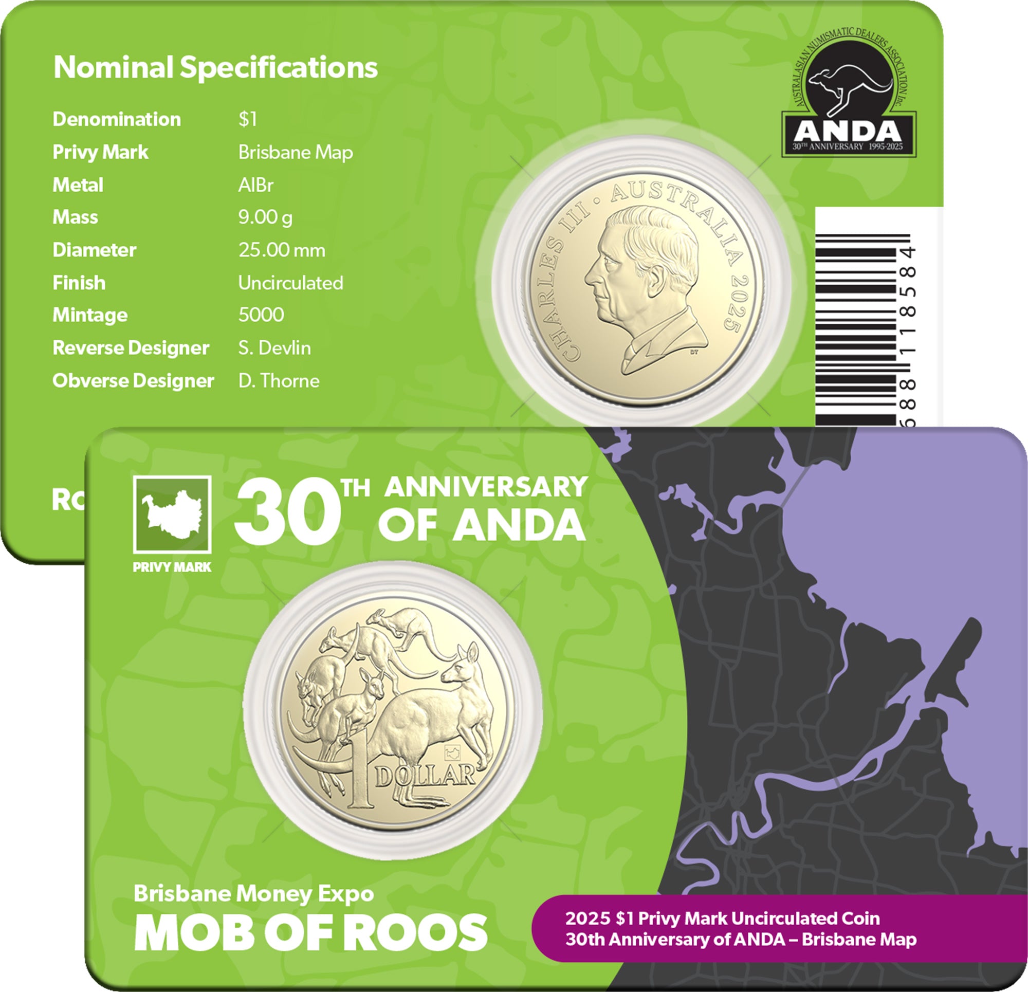 Royal Australian Mint 2025 $1 30th Anniversary of ANDA Mob of Roos Brisbane Money Expo Coin in Card