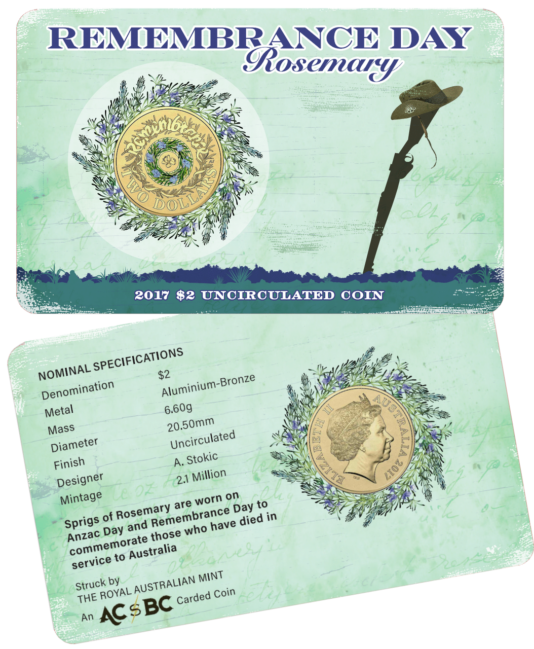 Royal Australian Mint 2017 $2 Rosemary Carded Coin - TAMPER PROOF SEALED CARDED COIN