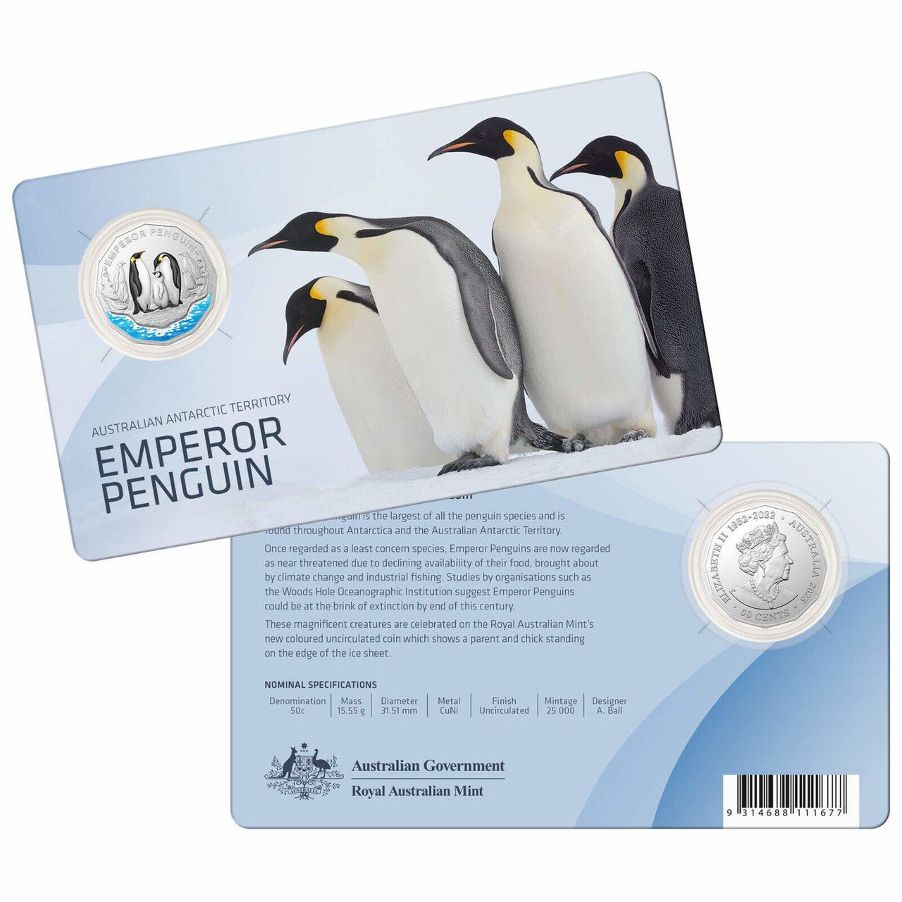 Emperor Penguin - Australian Antarctic Territory Series 50c Coloured Uncirculated Coin 2023