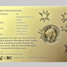 Royal Australian Mint 2022 $2 JC Elder Carded Coin UNC - TAMPER PROOF SEALED CARDED COIN