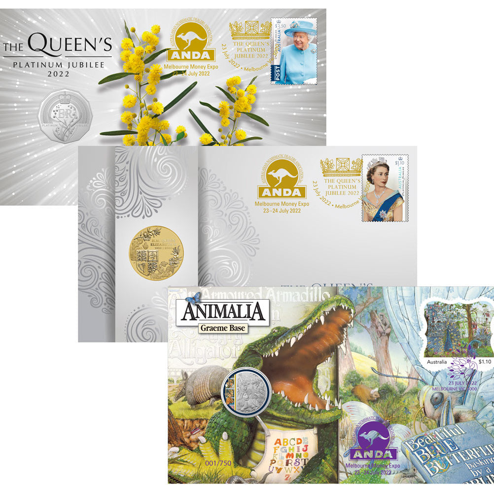Queen's Platinum Jubilee (Perth Mint), Queen's Platinum Jubilee (RAM) & Animalia - PNC Trio (matching numbers) - 2022 ANDA Melbourne Money Expo