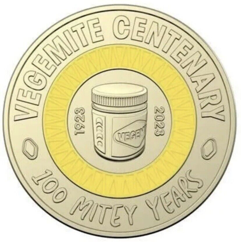  2023 $2 AlBr Yellow UNC 100 Mitey Years Vegemite Coin