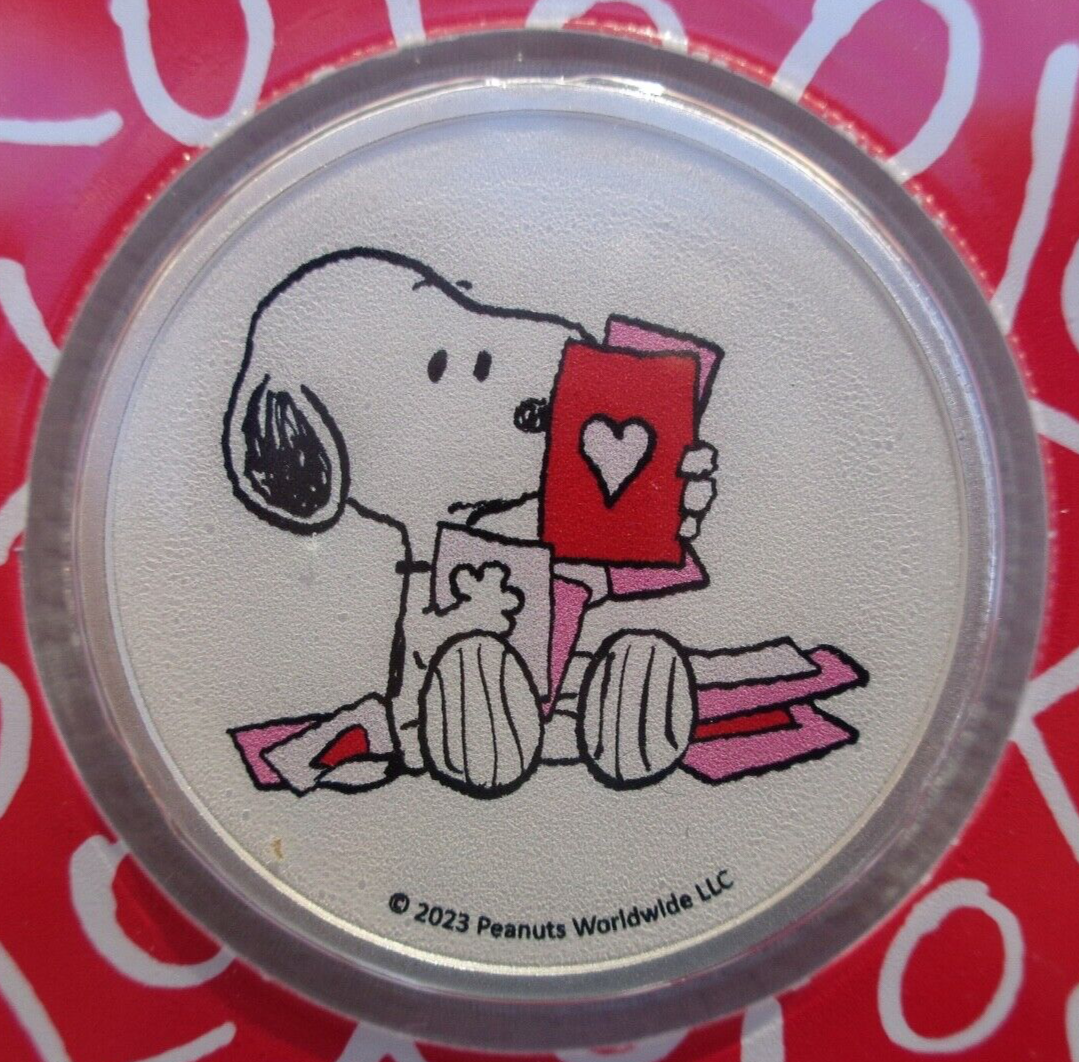 2023 1 oz Peanuts Snoopy Valentine's .999 Colourised Silver Round