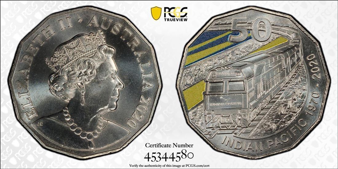 2020 50c Fifty Cent 50th Ann. of the Indian Pacific Train PCGS Graded MS68