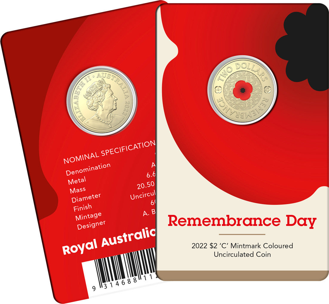 Remembrance Day 2022 $2 C Mintmark Coloured Uncirculated Coin