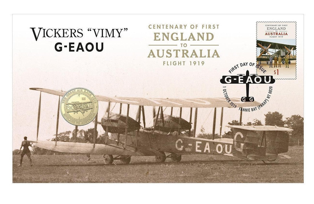 2019 Centenary of First England to Australia Flight G-EAOU Stamp and Coin Cover PNC