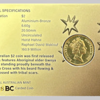 Royal Australian Mint 1988 $2 JC Elder Carded Coin UNC - TAMPER PROOF SEALED CARDED COIN