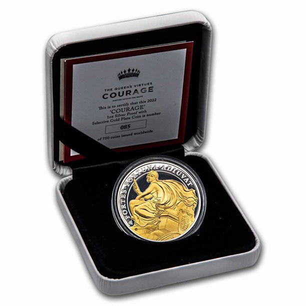 2022 St Helena Queens Virtues : Courage 1 oz .999 Silver Gilded Proof Bullion Coin