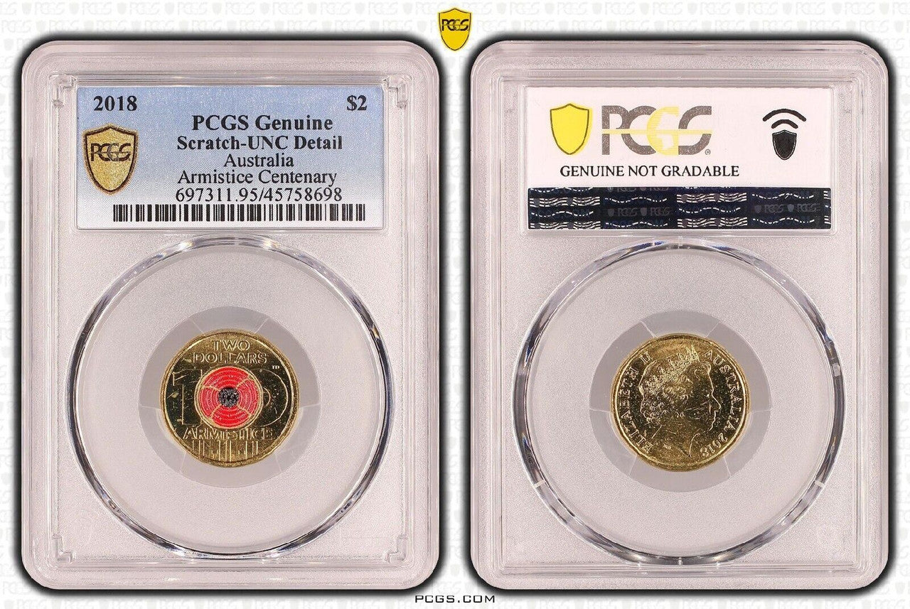 Royal Australian Mint 2018 $2 Armistice Centenary Coin PCGS Genuine Scratch - UNC Detail