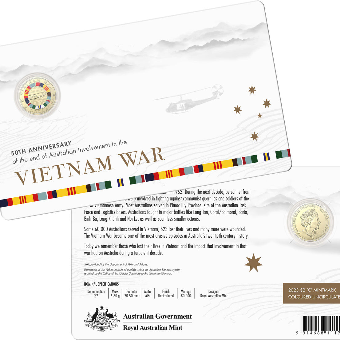 2023 $2 AlBr "C" Mintmark Coloured Uncirculated Coin 50th Anniversary End of Vietnam War