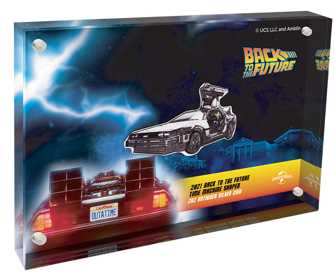 2021 Back to the Future DeLorean Time Machine Shaped 2oz Antiqued Silver Coin