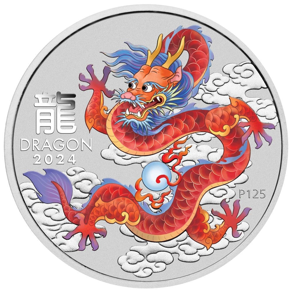 Perth Mint Australian Year of the Dragon 2024 1 oz Silver Bullion Coloured Coin in Card